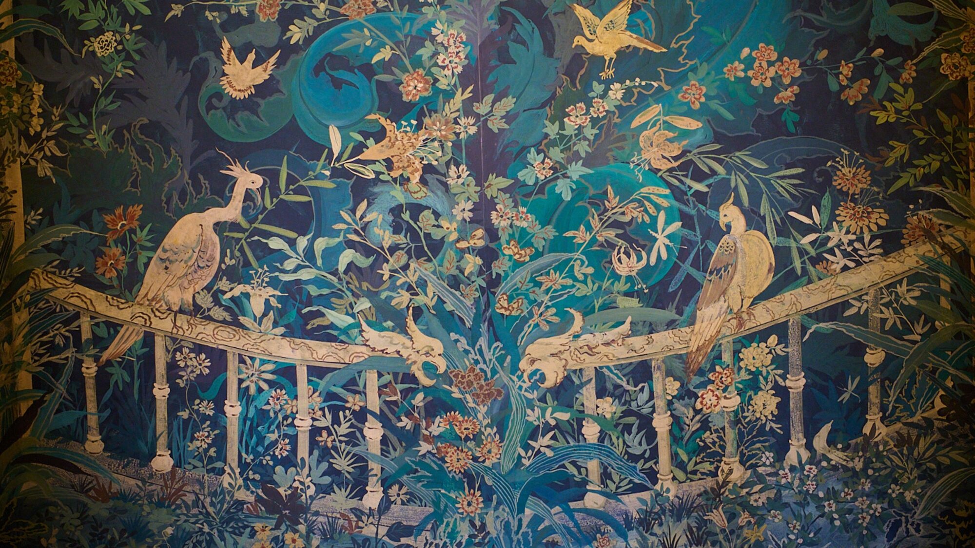 The Rainier Club's hand-painted bird-and-floral mural